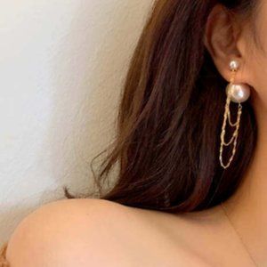 Double Pearl Gold Triple Chain Earrings